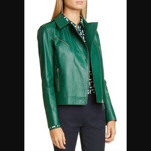 $1795 Lafayette 148 Green Leather Moto Bernice Jacket size Small